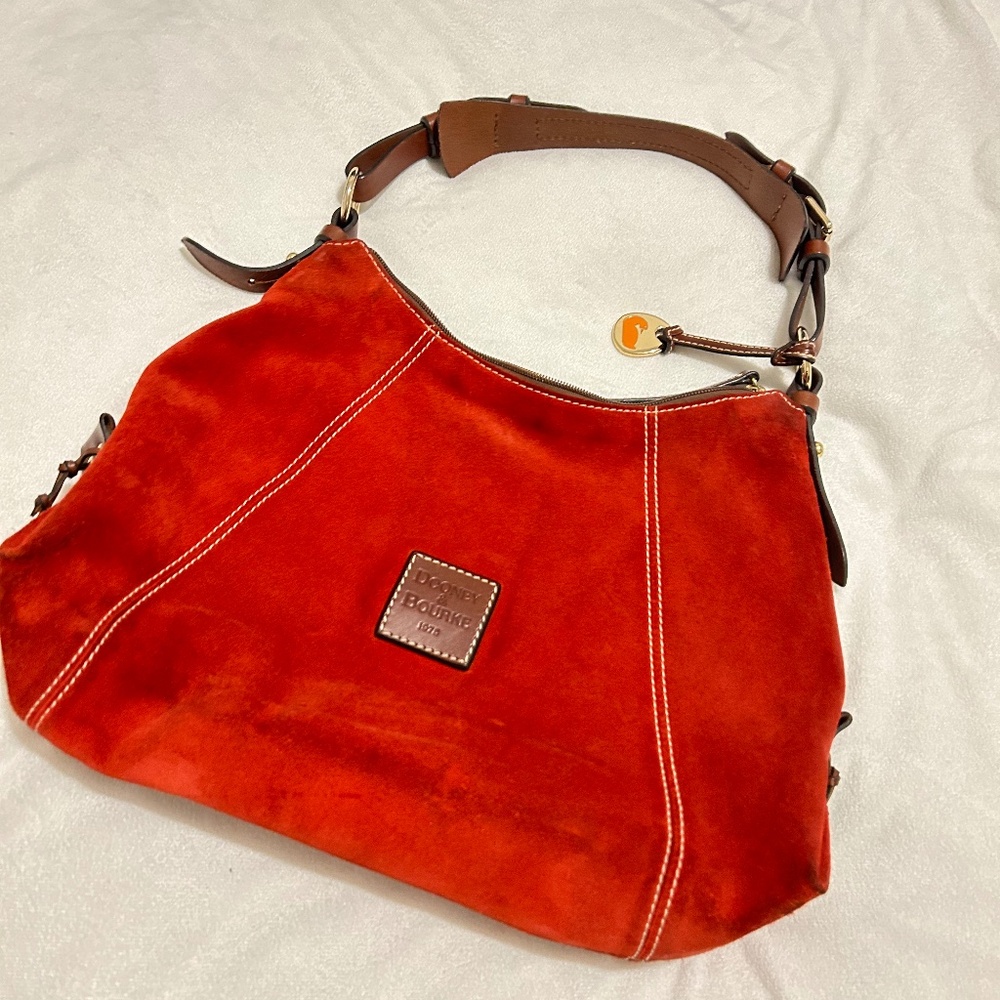 Dooney & Burke Suede Red Shoulder Bag with Dark Brown Leather Handle